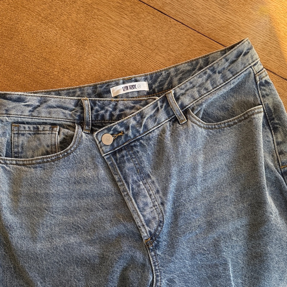 12th Tribe Light Blue Wash Asymmetrical Cross-OverDenim Jeans - Picture 7 of 7